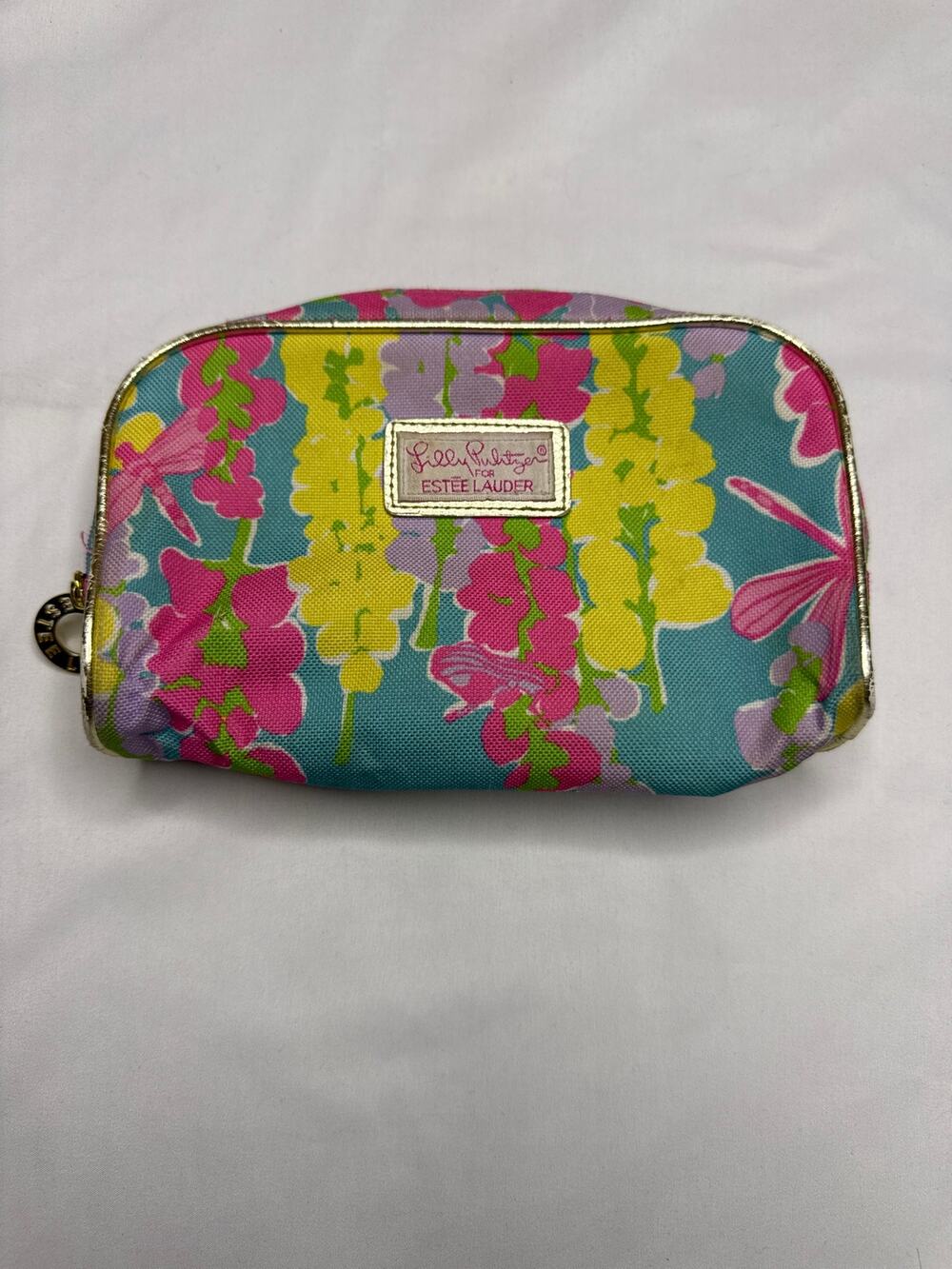 Lilly Pulitzer Estée Lauder Floral Cosmetic Makeup Bag Pink Blue Gold Design #02